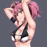  armband armpits arms_up bare_shoulders breasts choker cleavage crop_top demio grin idolmaster idolmaster_cinderella_girls jougasaki_mika large_breasts pink_hair sideboob simple_background smile solo twintails upper_body yellow_eyes 