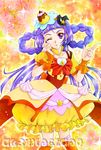  aizen_(syoshiyuki) black_hat bow braid commentary_request cure_magical food food_themed_hair_ornament frilled_skirt frills hair_ornament hat highres izayoi_liko long_hair looking_at_viewer magical_girl mahou_girls_precure! mini_hat mini_witch_hat one_eye_closed orange_legwear precure pudding purple_eyes purple_hair red_bow skirt solo thighhighs topaz_style witch_hat wrist_cuffs yellow_skirt 