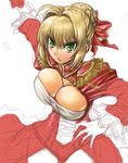 ahoge amania_orz blonde_hair blush breasts cleavage fate/extra fate_(series) green_eyes hair_bun hair_ribbon holding holding_sword holding_weapon huge_breasts nero_claudius_(fate) nero_claudius_(fate)_(all) ribbon solo sword weapon 