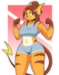  2016 anthro anthrofied big_breasts breasts brown_eyes brown_hair clothed clothing female flexing hair iabelle long_hair looking_at_viewer midriff muscular muscular_female navel nintendo pok&eacute;mon pok&eacute;morph raichu smile solo video_games 