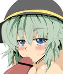  1girl :&gt;= alternate_breast_size blue_hair blush breasts censored fellatio green_hair hat hat_ribbon komeiji_koishi ky. large_breasts looking_at_viewer nude oral penis ribbon short_hair solo sweat touhou upper_body white_background 