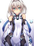  aqua_eyes ass_visible_through_thighs bare_shoulders bodysuit breasts covered_navel elbow_gloves emilia_hermit fi-san gloves grin highres hundred long_hair looking_at_viewer silver_hair small_breasts smile solo teeth transparent_background 