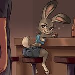  alcohol animal_ears ass bar bar_stool barefoot blue_eyes blush bottle breasts bunny bunny_ears bunny_tail casual commentary counter crop_top crop_top_overhang cup disney drink drinking_glass drunk eyebrows foot_dangle furry heart heart-shaped_pupils highres indoors judy_hopps looking_back medium_breasts midriff no_bra plague_of_gripes short_shorts shorts sideboob sitting sleeveless soles solo_focus stool symbol-shaped_pupils tail tank_top toes wide_hips zootopia 