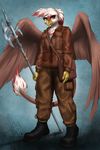  2016 absurd_res anthro avian beak clothed clothing fan_character feathered_wings feathers female footwear gryphon hi_res holding_object holding_weapon looking_at_viewer my_little_pony mykegreywolf solo talisa_pierce weapon wings 