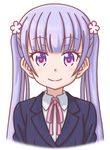  closed_mouth eyebrows eyebrows_visible_through_hair hair_ornament long_hair looking_at_viewer mugen_ouka neck_ribbon new_game! portrait purple_eyes purple_hair ribbon simple_background smile solo suzukaze_aoba twintails white_background 