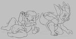  big_ears black_and_white blush diaper duo eyes_closed gnar_(lol) kneeling league_of_legends lying male monochrome skull teemo tonio_(artist) tusks video_games watermark yordle 