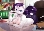  2016 anthro anthrofied areola audrarius big_breasts blue_eyes breasts chair clothed clothing equine female friendship_is_magic hair hi_res horn inside looking_at_viewer mammal my_little_pony nipples office office_chair open_shirt pen purple_hair rarity_(mlp) solo unicorn white_skin 