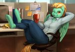  2016 anthro anthrofied audrarius clothed clothing cup equine feathered_wings feathers female friendship_is_magic grin hair hand_behind_head hi_res holding_object inside lightning_dust_(mlp) looking_at_viewer mammal my_little_pony office one_eye_closed sitting solo wings wink 