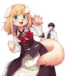  5_fingers anthro blonde_hair blue_eyes bow_tie brown_hair canid canine canis clothed clothing dog dress eyewear fangs female glasses hair human kemono kishibe long_hair male mammal necktie open_mouth pawpads paws short_hair skirt suit 