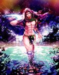  abs bad_id bad_pixiv_id bare_chest battle_tendency blade bush chocoblood earrings full_body glowing horns jewelry jojo_no_kimyou_na_bouken kars_(jojo) knee_pads lake loincloth long_hair male_focus muscle purple_hair ripples shin_guards shiny sky solo sparkle standing standing_on_liquid star_(sky) starry_sky 