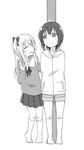  ^_^ bow casual closed_eyes funami_yui greyscale hair_bow height_mark hood hoodie kuro_neko_(artist) measuring monochrome multiple_girls open_mouth pants pocket ponytail raglan_sleeves socks sweatshirt toshinou_kyouko younger yuru_yuri 