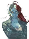  2016 anthro blue_skin breasts cleavage clothed clothing eye_patch eyewear female fish grin hair jacket long_hair marine pointy_ears portrait red_hair simple_background siptakron solo text undertale undyne video_games white_background yellow_eyes yellow_teeth 