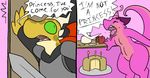  2016 aliasing anthro cake cape clothing comic digital_media_(artwork) female food green_eyes hat horn knight kobold melee_weapon nude open_mouth party_hat reptile scalie solo spaffy sword text trout_(artist) weapon 