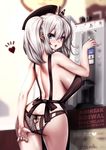  adjusting_clothes adjusting_panties apron ass ass_cutout back backwards_text blue_eyes blush breasts bursting_breasts coffee_maker_(object) from_behind heart_cutout highres kantai_collection kashima_(kantai_collection) large_breasts looking_at_viewer looking_back naked_apron open_mouth panties sideboob silver_hair solo souryu striped twintails underwear vertical-striped_panties vertical_stripes 
