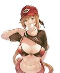  bangs baseball_cap bikini_top breasts brown_hair bubble_blowing chewing_gum clarisse_(granblue_fantasy) collarbone granblue_fantasy green_eyes hair_ribbon hat large_breasts long_hair navel ponytail ribbon shirt_lift simple_background solo swept_bangs swimsuit swimsuit_under_clothes tokopi very_long_hair white_background 