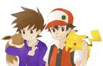 2boys black_hair brown_hair eevee hat hirumae multiple_boys ookido_green pikachu pokemon pokemon_(game) pokemon_rgby red_(pokemon) red_(pokemon)_(classic) 