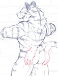  abs blush butt butt_grab feline grope hand_on_butt male mammal monochrome muscular nude pecs simple_background solo tiger urakata5x 