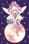  american_flag_dress american_flag_legwear blonde_hair blush clownpiece fairy_wings frilled_shirt_collar frills hat jester_cap licking_lips long_hair looking_at_viewer miata_(miata8674) moon neck_ruff pantyhose polka_dot red_eyes revision shirt short_sleeves simple_background sitting sketch solo star striped striped_legwear tongue tongue_out touhou wings 