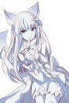  animal_ears cat_ears dress erune granblue_fantasy grin hair_ornament holding korwa kure~pu left-handed long_hair paper pen quill short_dress simple_background smile solo white_background 