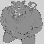  blush boar condom looking_at_viewer male mammal monochrome nude oak orchish_(pixiv) porcine simple_background solo white_background 
