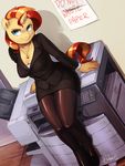 2016 absurd_res anthro anthrofied audrarius clothed clothing cyan_eyes english_text equestria_girls equine female hair hi_res horn inside legwear long_hair looking_at_viewer mammal multicolored_hair my_little_pony photocopier sitting smile solo sunset_shimmer_(eg) text thigh_highs two_tone_hair unicorn 