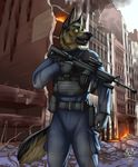  armor assault_rifle black_nose building canine clothed clothing detailed_background dog fur german_shepherd green_eyes gun hi_res male mammal open_mouth outside portrait ranged_weapon rifle sharp_teeth sky solo teeth three-quarter_portrait vallhund weapon 