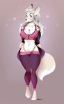  anthro athletic breasts canine clothed clothing female fur hair long_hair mammal michi navel pants paws pink_eyes sertaa simple_backround smile solo sport white_hair yoga_pants 