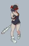  1girl baseball_bat baseball_cap black_hair blood breasts cleavage crossover gloves gyosone hat hidden_eyes kill_la_kill matoi_ryuuko midriff mousou_dairinin multicolored_hair overalls parody senketsu short_hair shounen_bat solo streaked_hair tagme two-tone_hair weapon 