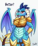  2016 absurd_res anthro armor blush bottomless clothed clothing dialogue dragon drako1997 english_text female friendship_is_magic half-closed_eyes hand_on_hip hi_res horn legwear looking_at_viewer membranous_wings my_little_pony navel open_mouth princess_ember_(mlp) pussy red_eyes scalie simple_background solo text wings 