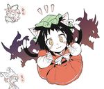  :3 alternate_hair_length alternate_hairstyle animal_ears black_hair blush brown_eyes cat_ears cat_tail chen closed_eyes commentary_request fan hat hat_ribbon holding holding_fan jewelry long_sleeves looking_at_viewer mob_cap morino_hon multiple_girls multiple_tails pillow_hat red_skirt ribbon short_hair simple_background single_earring skirt tail tassel touhou translation_request white_background yakumo_ran yakumo_yukari 