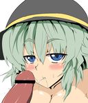  1girl alternate_breast_size blue_hair blush breasts cum cum_in_mouth cum_string green_hair hat hat_ribbon komeiji_koishi ky. large_breasts looking_at_viewer nude oral penis ribbon short_hair solo sweat touhou upper_body white_background 