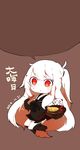  2girls :o aircraft_carrier_hime blush_stickers boots chibi chopsticks dress food highres horns kantai_collection long_hair minigirl multiple_girls northern_ocean_hime one_side_up sailor_dress shinkaisei-kan shirokitsune_(rin02ituki) skirt speech_bubble tempura translation_request 