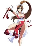  1girl breasts brown_hair cleavage dress fatal_fury folding_fan king_of_fighters large_breasts long_hair no_bra ponytail revealing_clothes shiranui_mai smile snk xugashi 