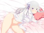  blush emilia long_hair naked_shirt navel pajamas pubic_hair purple_eyes purple_hair pussy re:zero_kara_hajimeru_isekai_seikatsu tagme_(artist) uncensored waifu2x 