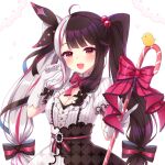  1girl blush breasts candy candy_cane cleavage food gloves hair_ornament hair_ribbon long_hair looking_at_viewer medium_breasts nijisanji red_eyes ribbon sanotsuki solo twintails two-tone_background v virtual_youtuber yorumi_rena 