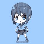  bangs blue blue_background blush_stickers chestnut_mouth chibi fubuki_(kantai_collection) kantai_collection kneehighs kouji_(campus_life) low_ponytail monochrome open_mouth pleated_skirt ponytail short_hair short_ponytail short_sleeves sketch skirt skirt_hold socks solo triangle_mouth 