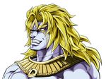  araki_hirohiko_(style) blonde_hair derivative_work dio_brando egyptian_clothes evil_grin evil_smile facial_mark grin heaven_ascended_dio highres jojo_no_kimyou_na_bouken jojo_no_kimyou_na_bouken:_eyes_of_heaven long_hair male_focus muscle portrait purple_skin scar shinomiya_akino smile solo yellow_eyes 