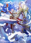  :d armor armored_dress bird blue_eyes blue_hair blush boots cape elbow_gloves feathers fingerless_gloves fire_emblem fire_emblem:_monshou_no_nazo fire_emblem_cipher gloves hair_blowing long_hair mayo_(becky2006) official_art open_mouth pegasus polearm scabbard sheath sheathed sheeda smile solo spear sword thigh_boots thighhighs unicorn waving weapon 
