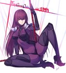  armor armored_boots ass azusa_(hws) bodysuit boots breasts character_name copyright_name covered_navel covered_nipples fate/grand_order fate_(series) gae_bolg high_heels knee_up large_breasts long_hair looking_at_viewer purple_bodysuit purple_hair red_eyes scathach_(fate)_(all) scathach_(fate/grand_order) shoulder_armor sitting solo 