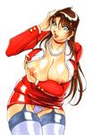  1girl azuki_kurenai blue_eyes breasts brown_hair choker huge_breasts necklace nipples panties simple_background solo thighhighs 