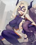  blonde_hair blush bodysuit boku_no_hero_academia braid breasts city crowd face_mask giantess large_breasts long_hair mask monster mount_lady open_mouth red_eyes side_braid sideboob skin_tight tentacles torn_bodysuit torn_clothes walzrj wardrobe_malfunction 