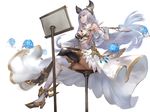  animal_ears ass bare_shoulders black_legwear blue_eyes blue_flower blue_rose cat_ears crossed_legs detached_collar dress elbow_gloves erune flower full_body gloves granblue_fantasy hair_ornament high_heels holding korwa left-handed long_hair mismatched_legwear paper pen quill rose silver_hair simple_background sitting smile solo thighhighs white_background white_dress white_gloves white_legwear youshun_(naturaljuice) 