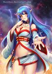  :q amulet blue_hair breasts cleavage cloud collarbone cowboy_shot detached_sleeves finger_to_mouth glint huge_breasts jewelry licking_lips lightning long_hair looking_at_viewer necklace original outstretched_hand pham_thai_chau pointy_ears red_eyes sky smile solo star_(sky) starry_sky tongue tongue_out watermark web_address wide_sleeves 