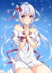 ahoge bare_shoulders breasts buttons dress hair_between_eyes hair_ribbon hair_rings hands_on_own_chest highres long_hair looking_at_viewer matoi_(pso2) medium_breasts milkpanda open_mouth phantasy_star phantasy_star_online_2 red_eyes red_ribbon ribbon silver_hair simple_background sitting solo twintails white_dress yokozuwari 