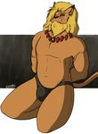  abstract_background aliasing anthro bulge cellshaded clothed clothing digimon feline hands_behind_back jewelry kneeling leomon lion looking_at_viewer male mammal mane naughty_face nautlion necklace signature solo thong topless 