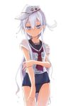  alternate_hairstyle blue_eyes flat_cap hammer_and_sickle hat hibiki_(kantai_collection) kantai_collection long_hair looking_at_viewer mochiki neckerchief one-piece_swimsuit ponytail school_swimsuit school_uniform serafuku short_sleeves sidelocks silver_hair solo star swimsuit swimsuit_under_clothes tsurime verniy_(kantai_collection) water_drop wet wet_clothes white_background 
