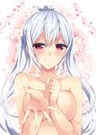  ahoge blush breasts collarbone covering covering_breasts floral_background flower hair_between_eyes highres large_breasts long_hair looking_at_viewer matoi_(pso2) milkpanda nude outstretched_arm phantasy_star phantasy_star_online_2 red_eyes silver_hair smile solo twintails upper_body 