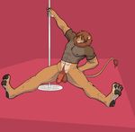  abs anthro balls bottomless clothed clothing feline fishnet flaccid lion male mammal muscular navel nipples one_eye_closed penis pubes simple_background solo source_request stripper unknown_artist 