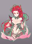  aa2233a breasts cleavage highres large_breasts leaf_bra league_of_legends long_hair looking_at_viewer midriff monster_girl navel plant red_eyes red_hair sketch smile solo thorns upper_body vines zyra 