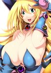  absurdres blonde_hair blush breasts bursting_breasts cleavage dark_magician_girl duel_monster elbow_gloves gloves green_eyes hat highres huge_breasts open_mouth smile solo tsukasawa_takamatsu yuu-gi-ou yuu-gi-ou_duel_monsters 